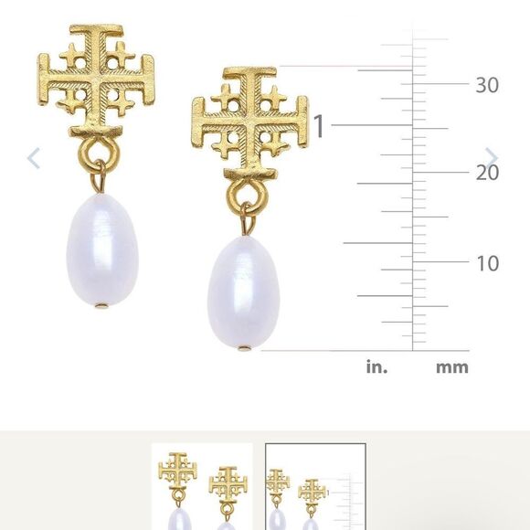 Susan Shaw Jerusalem Gold and Pearl Cross Drop Earrings - Picture 2 of 2